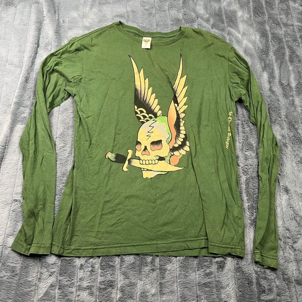 Ed Hardy Shirt Mens L Green Long Sleeve Skull Graphic Crew Neck EH7129